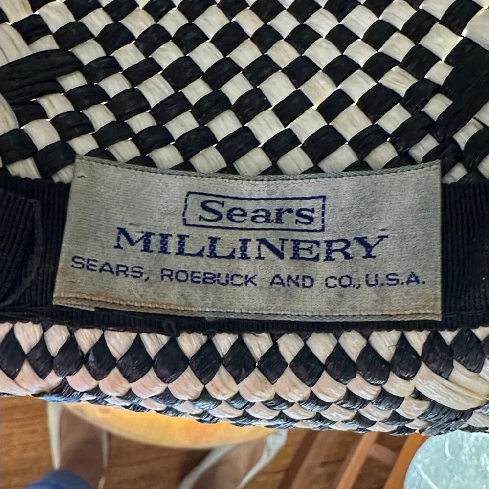 Vintage 60s Mod‎ Look  Sears Black & White Woven Hat with Ribbon Bow